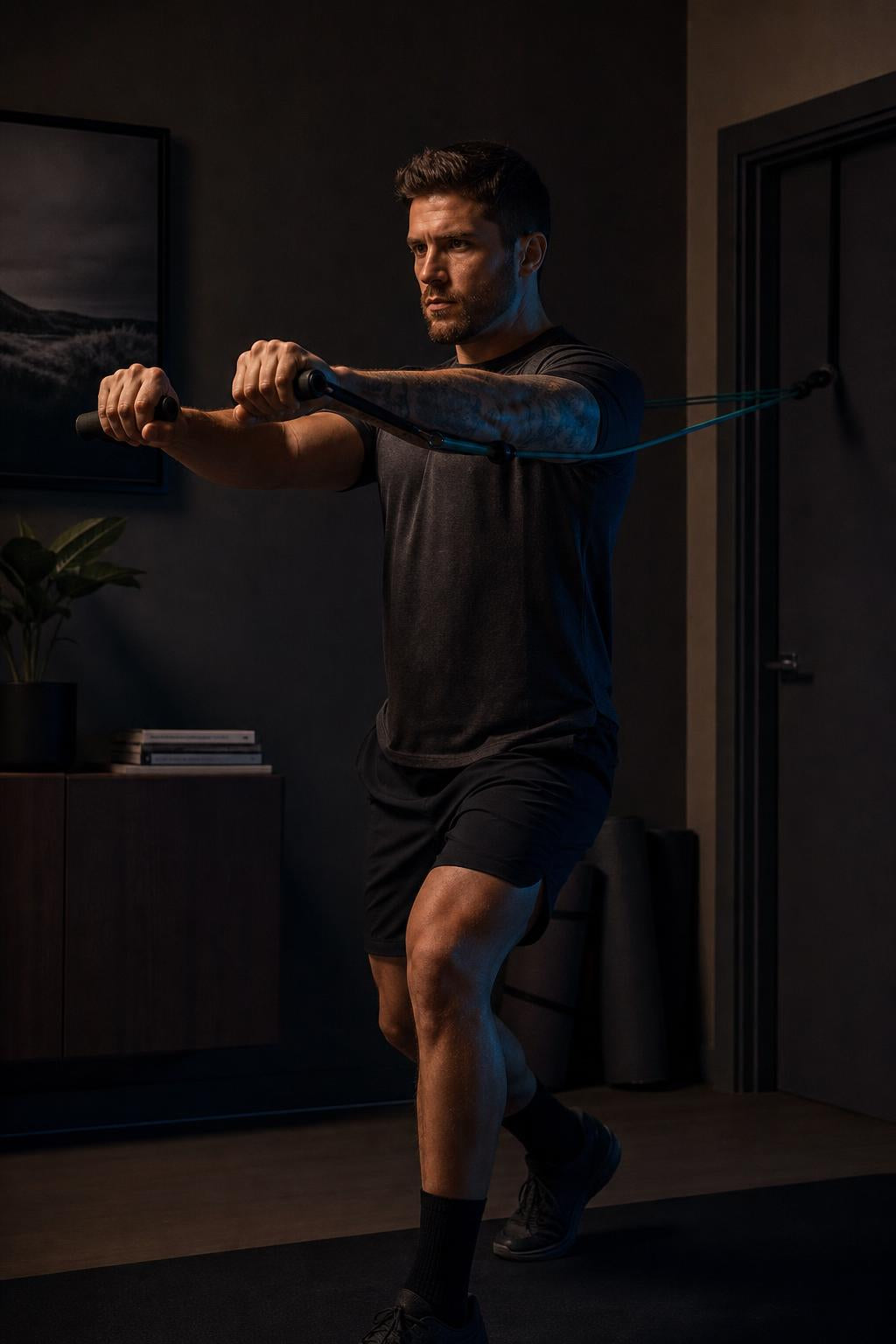 Man doing a standing chest press at home with PrimeBuild resistance band handles and a band anchored at a door