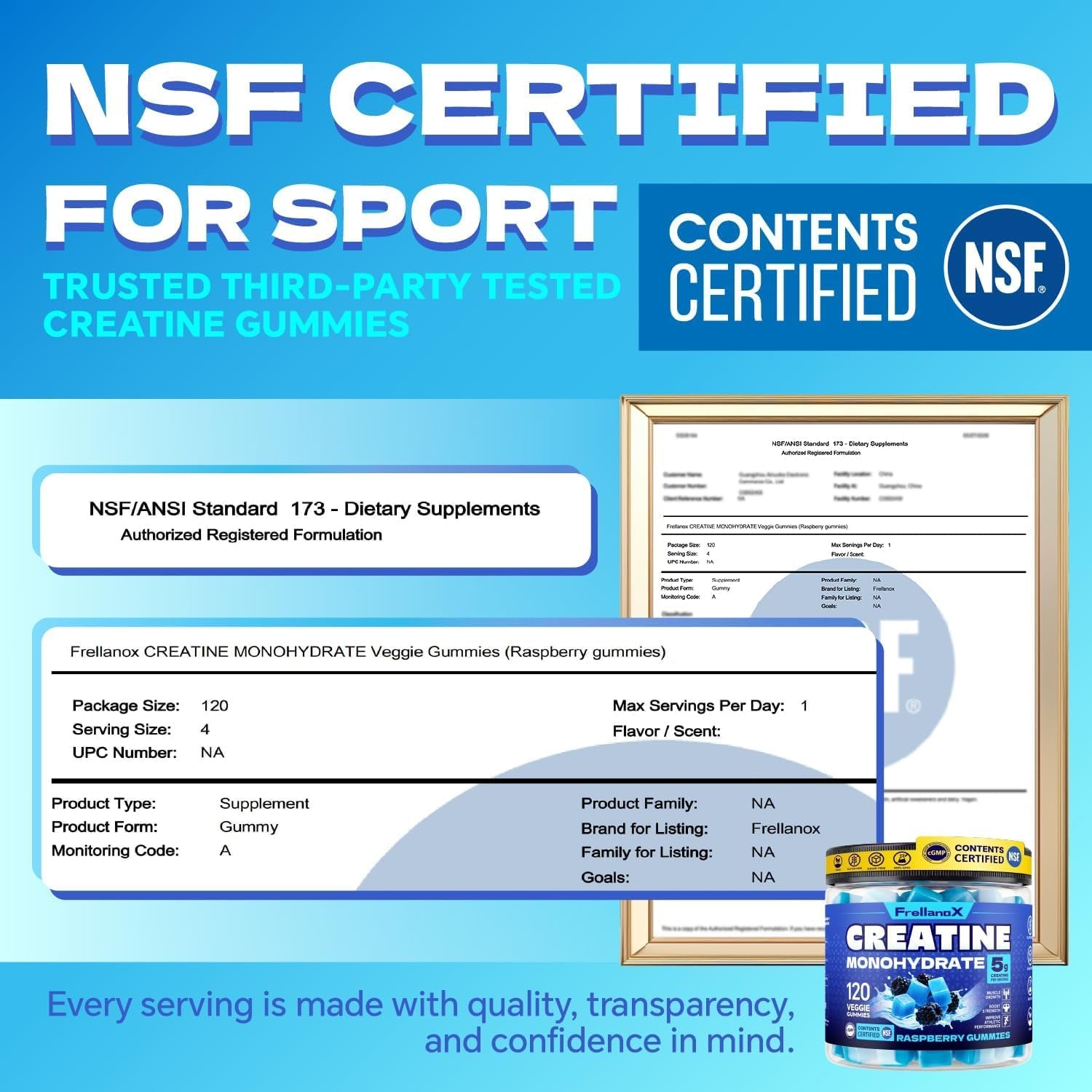 Creatine Monohydrate Gummies 5G for Men & Women - Creatine Gummies NSF Certified, Sugar Free Multi-Ingredient Formula for Muscle Strength & Recovery - Blue Raspberry, 120 Count