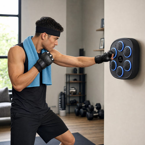 PrimeBuild Boxing Home Pack in use: man in black headband, blue towel and gloves punching the lit wall boxing trainer