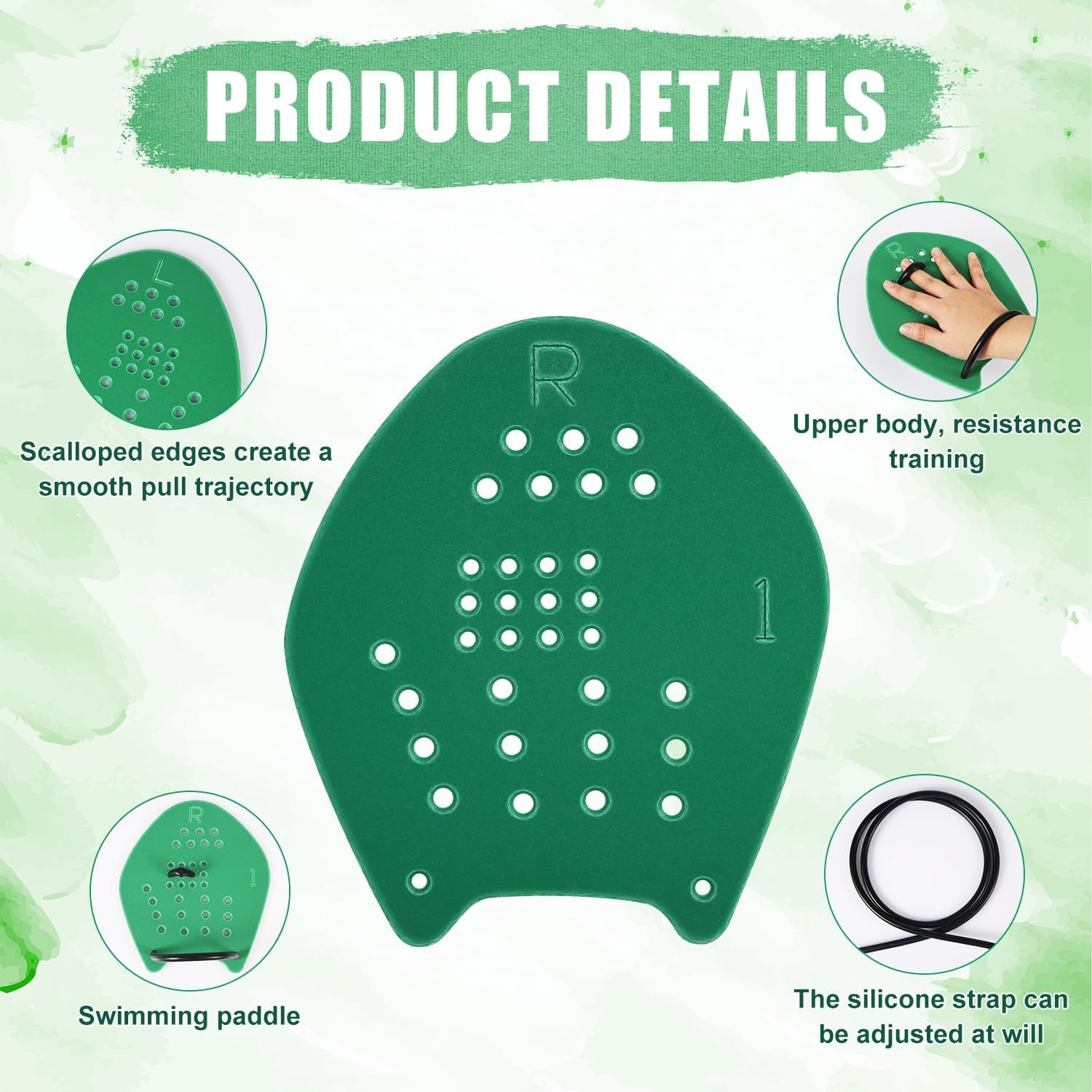 Swimming Paddles for Hands, Swim Paddles with Adjustable Straps, Medium, Green, Black