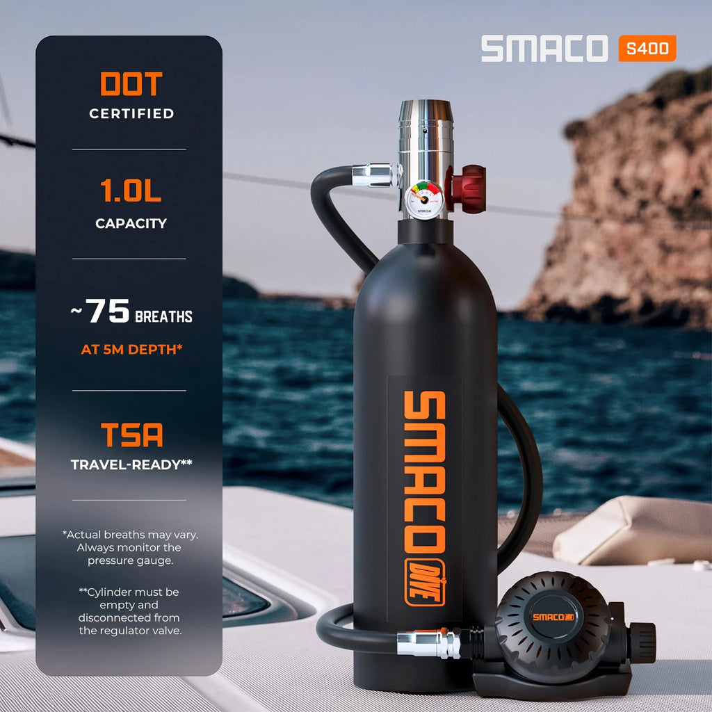 SMACO S400 1L mini scuba tank on a boat – DOT certified, about 75 breaths at 5 m depth