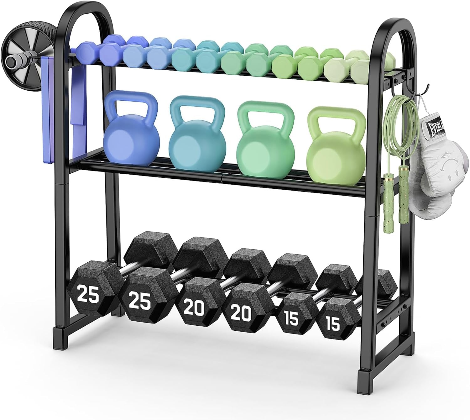 3 Tier Dumbbell Rack - Weight Rack for Home Gym: 360LB, Stand Only | Heavy Duty Adjustable Storage Rack with Hooks, Dumbbell Stand & Weight Holder, Organizer Shelf for Home Gym