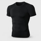 PrimeBuild Men's Compression Training Tee in black, short-sleeve crew neck, angled front view on a light gray background