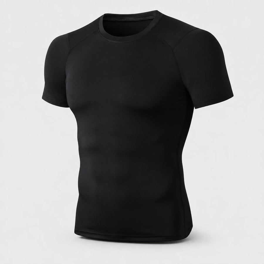 PrimeBuild Men's Compression Training Tee in black, short-sleeve crew neck, angled front view on a light gray background