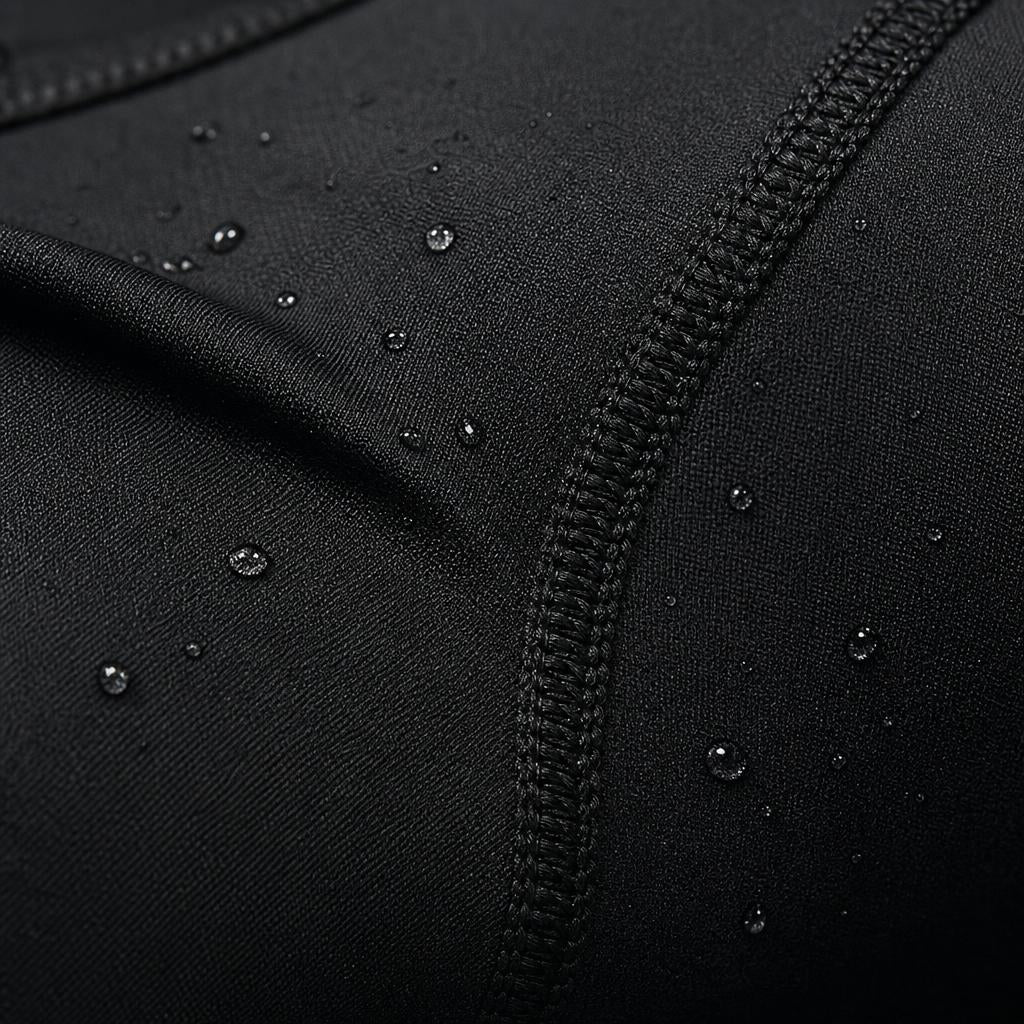 Close-up of the black PrimeBuild Men's Compression Training Tee fabric and stitched seam with water droplets