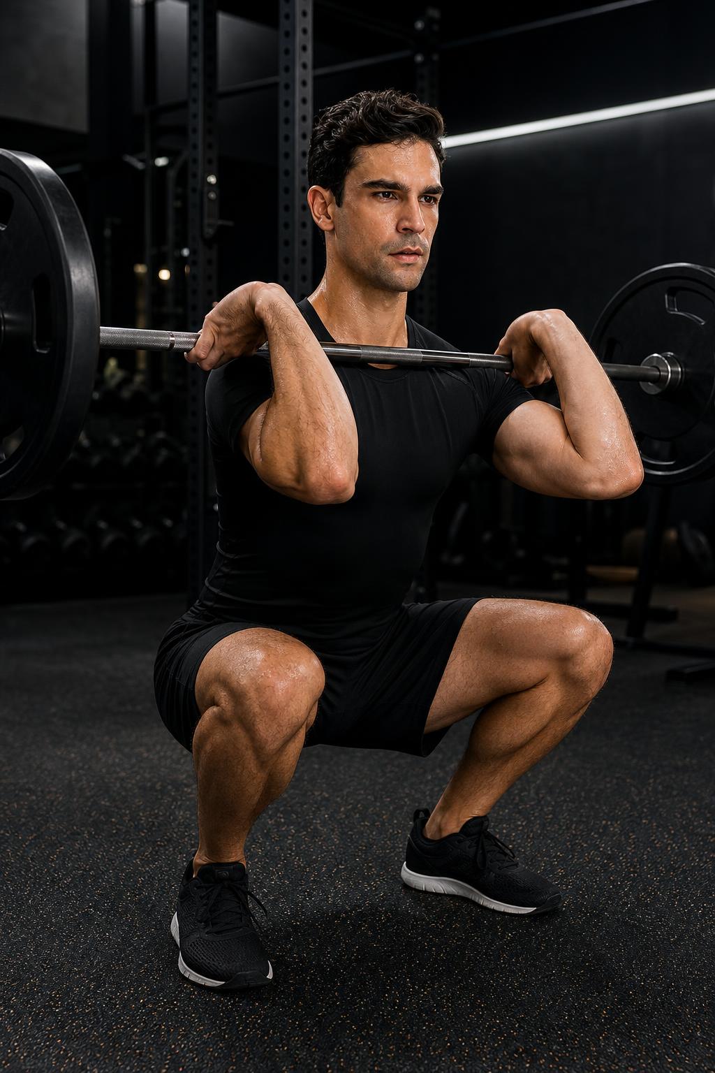 Man doing a barbell front squat in a gym wearing the black PrimeBuild Men's Compression Training Tee