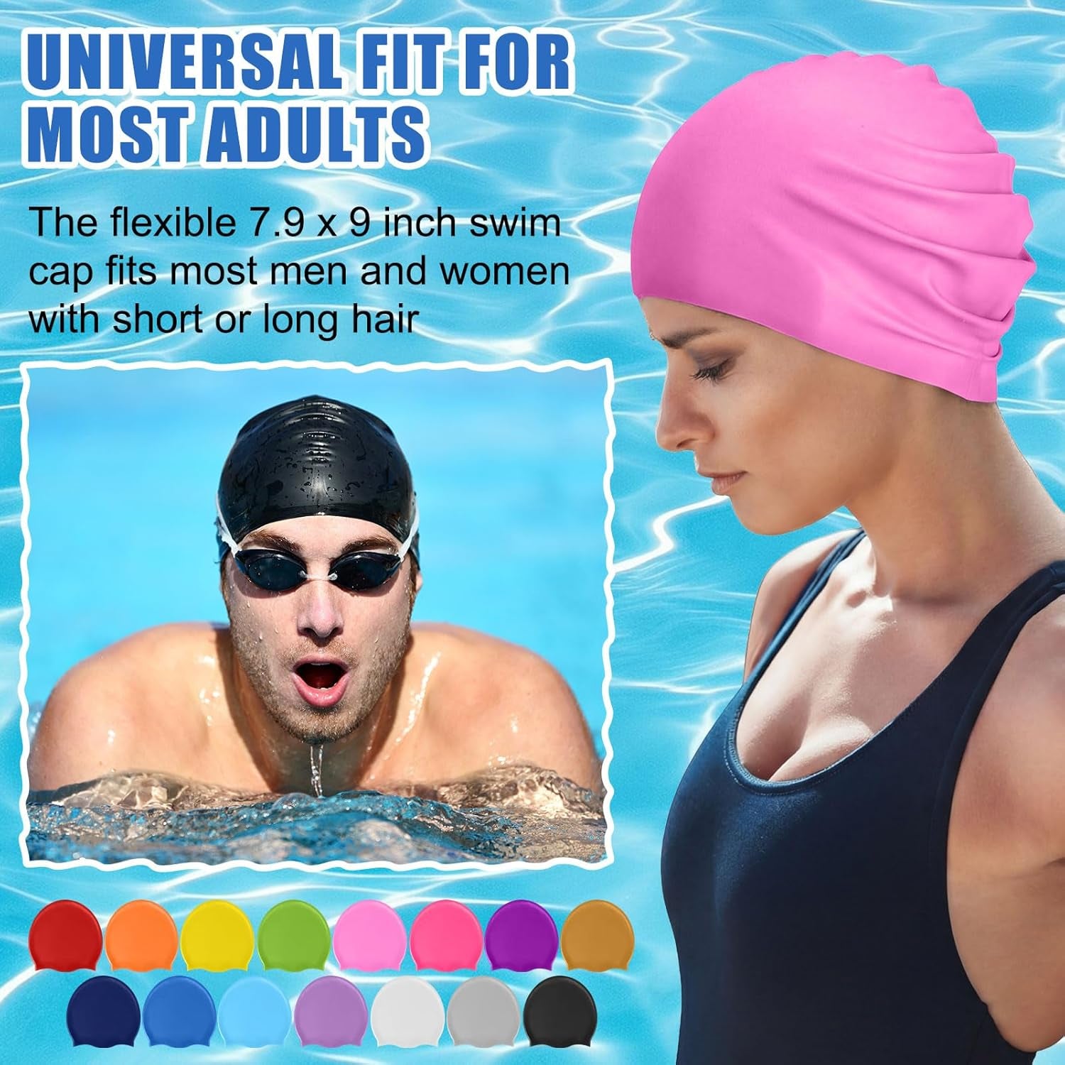 15 Pcs Unisex Adult Silicone Swim Cap Waterproof Swimming Cap Bulk for Women Men Adult Non Slip Pool Hat Elastic Silicone Caps Water Resistant Layer for Long Short Hair