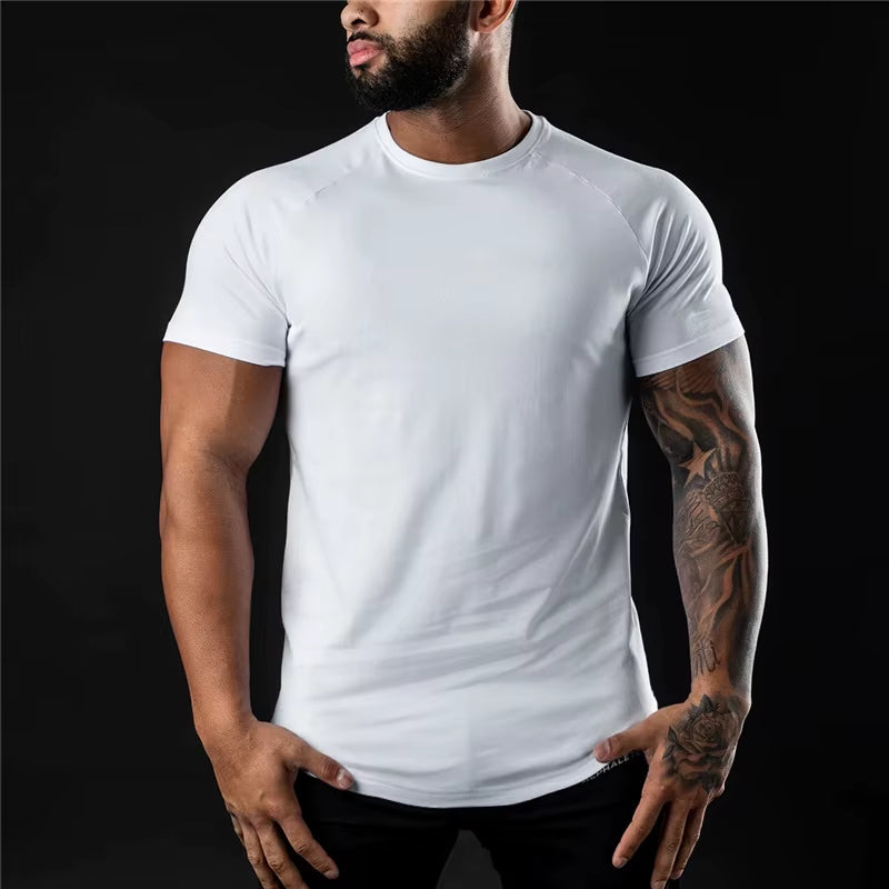Plain Gym T-Shirt Men Summer Fitness Clothing O-Neck Short Sleeve T Shirt Cotton Slim Fit Tshirt Bodybuilding Workout Tees Tops