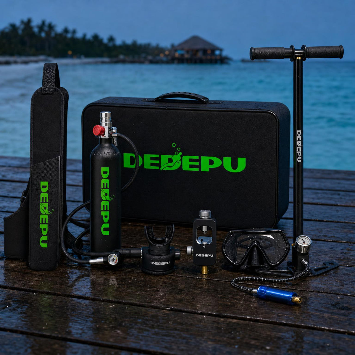 DEDEPU mini scuba tank kit on a wooden jetty – tank, sling bag, hand pump, adapter, mask and case