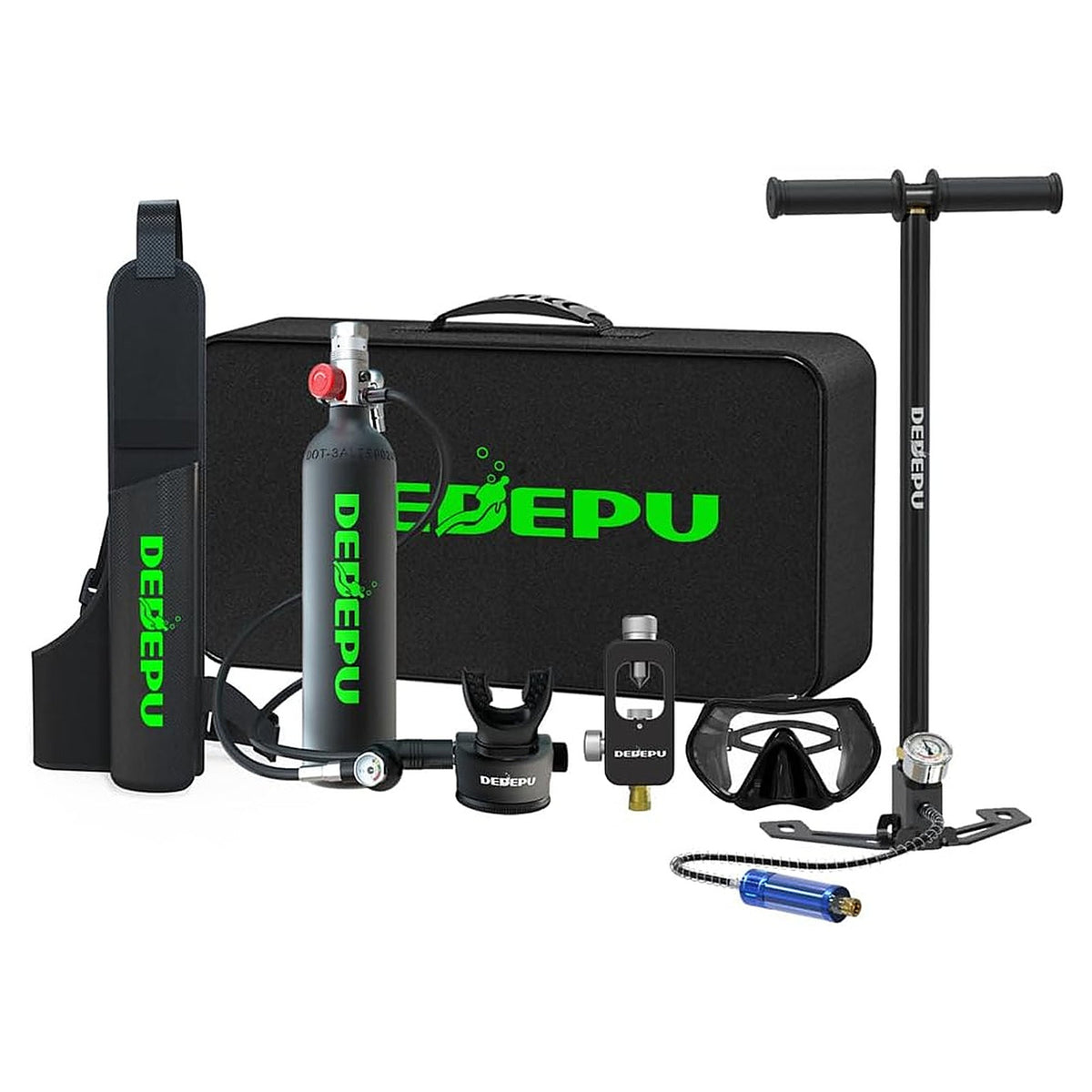 DEDEPU 1L mini scuba tank kit with regulator, sling bag, hand pump, refill adapter, dive mask and case