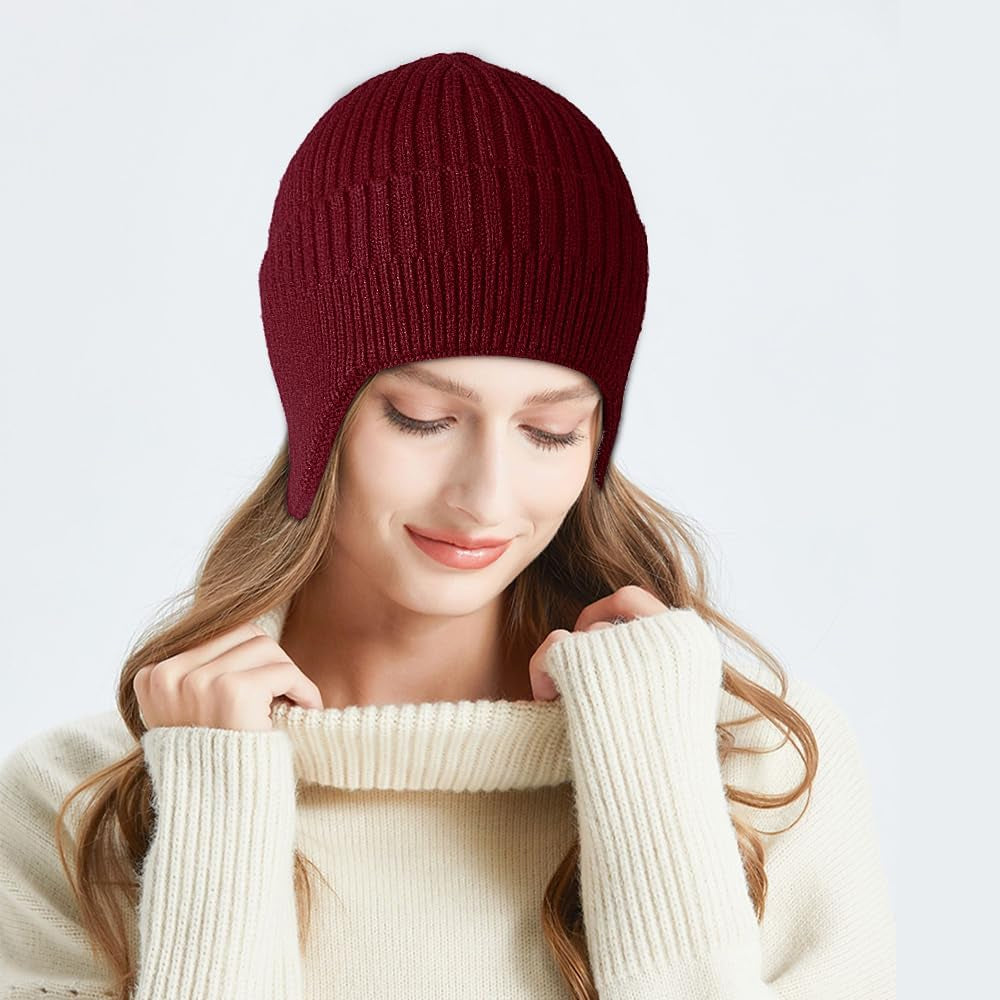 2Pcs Winter Beanies with Ear Flaps for Men Women, Warm Knit Earflaps Cap Thick Hats