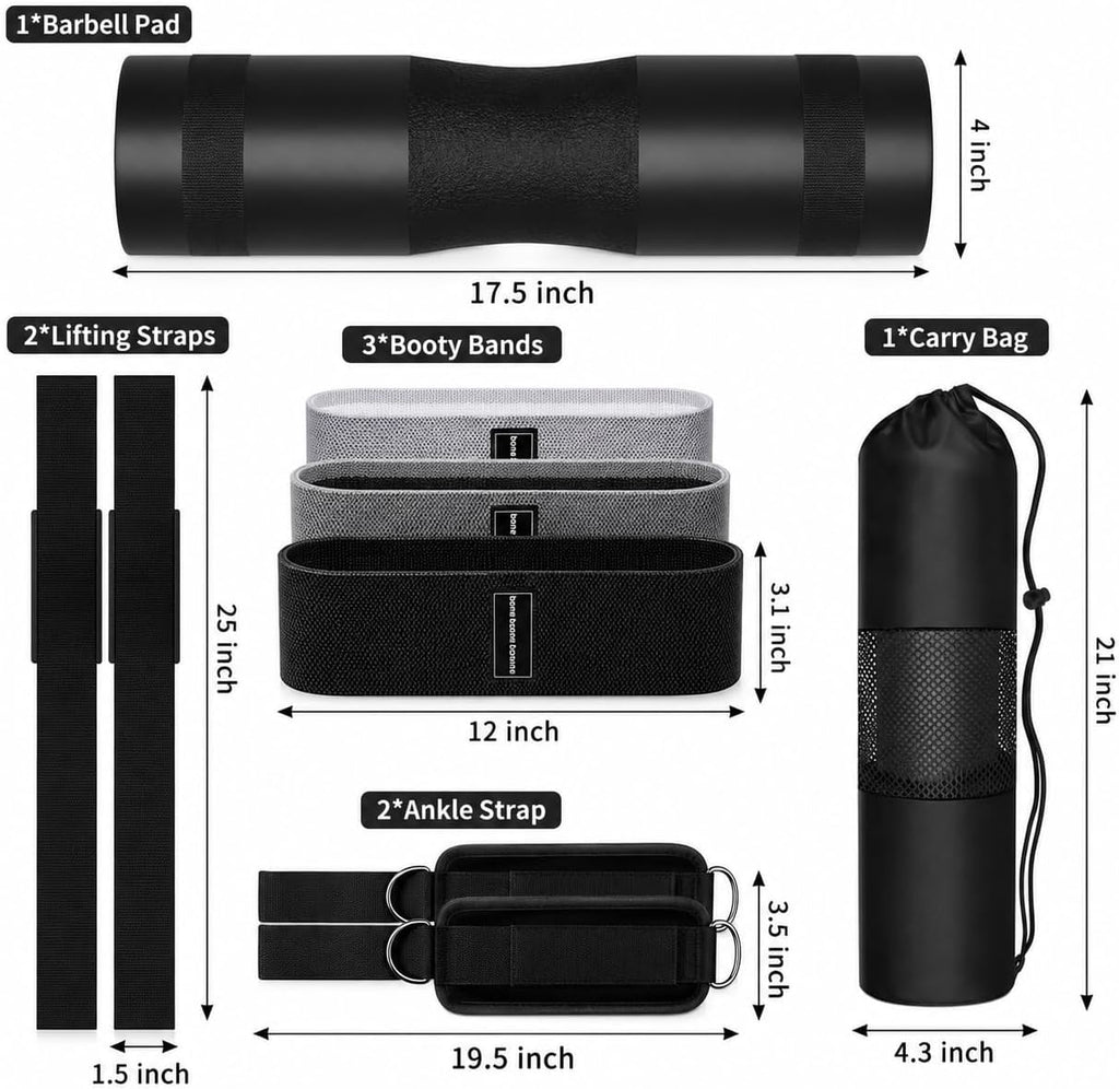 Barbell Pad Set for Squat,10 PCS Hip Thrusts Workout Foam Weight Lifting Bar Cushion with 2 Gym Ankle Straps,3 Hip Resistance Bands,2 Lifting Strap,Barbell Pad and Carry Bag