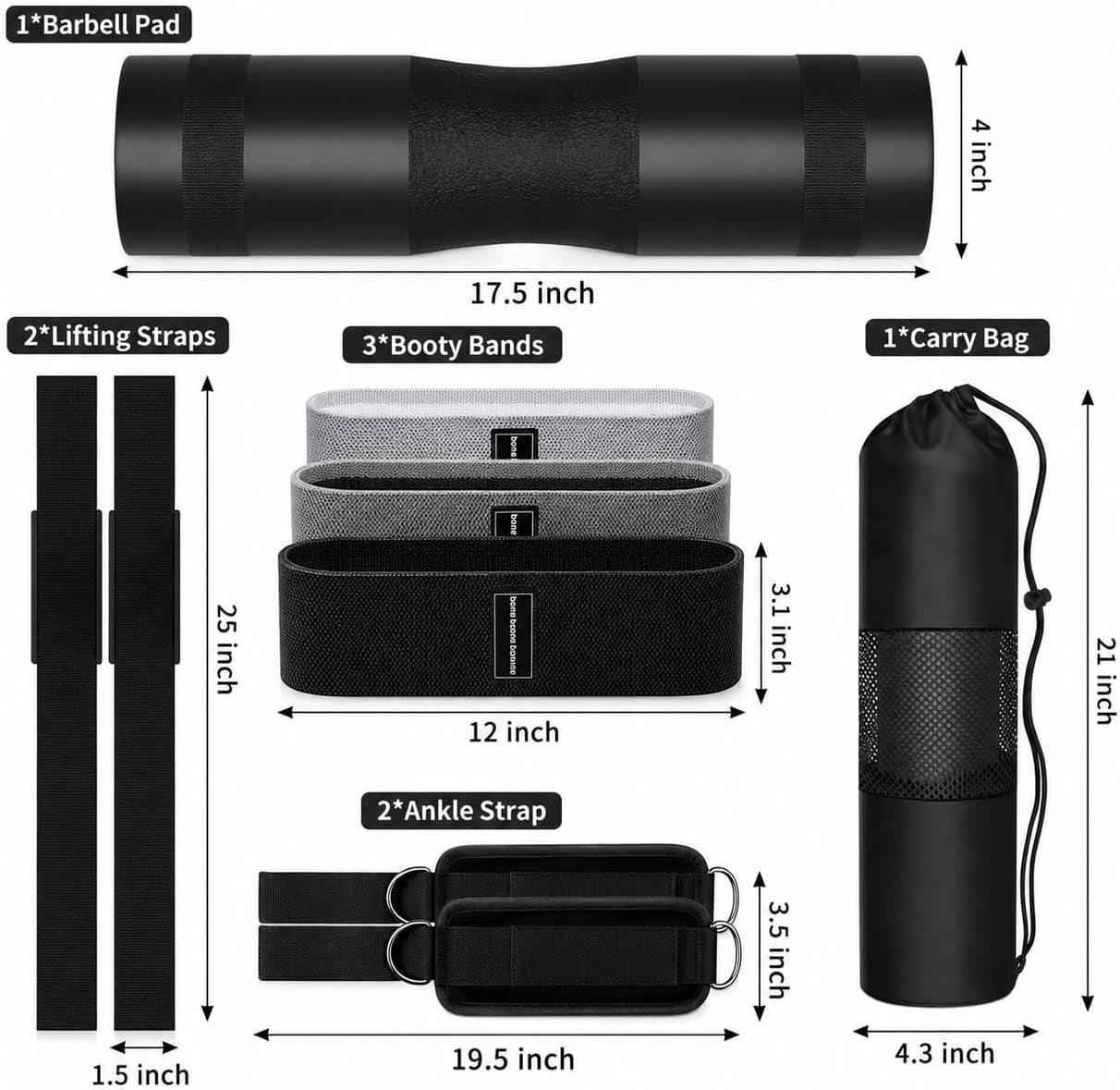 Barbell Pad Set for Squat,10 PCS Hip Thrusts Workout Foam Weight Lifting Bar Cushion with 2 Gym Ankle Straps,3 Hip Resistance Bands,2 Lifting Strap,Barbell Pad and Carry Bag