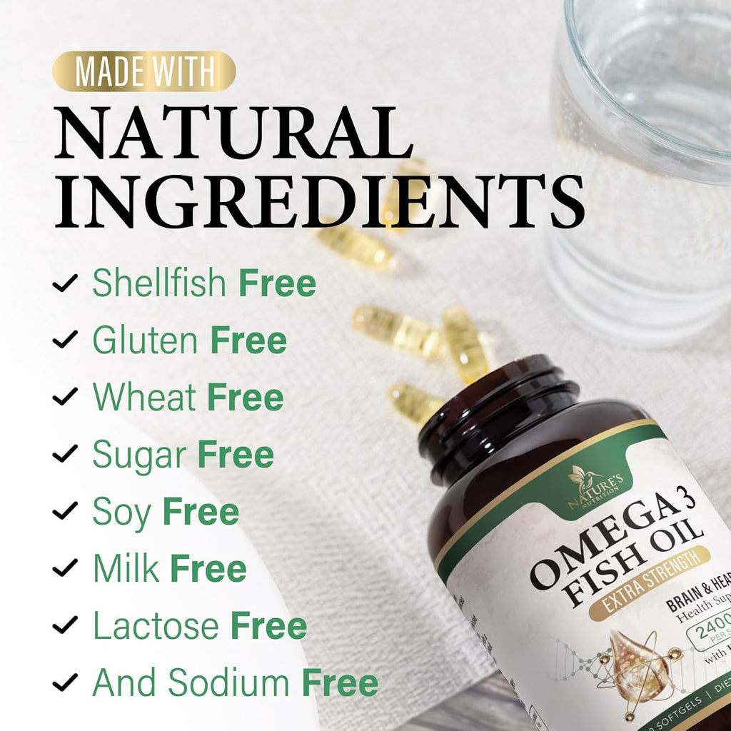 Omega 3 Fish Oil Supplements - 2400Mg Fish Oil per Serving - Triple Strength Omega-3 with EPA & DHA Fatty Acids - Natural Heart, Brain & Immune Support - Wild Caught, Bottled in USA - 60 Softgels