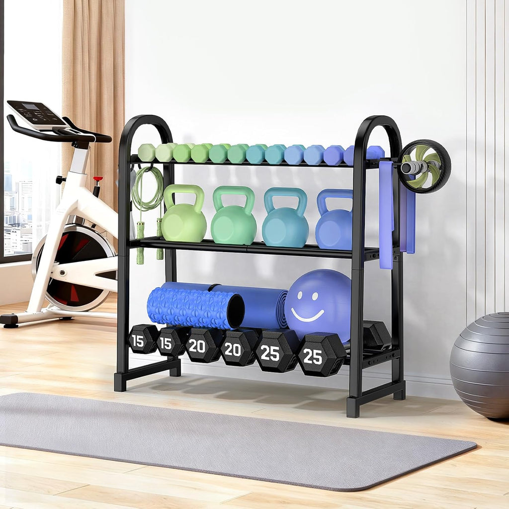 3 Tier Dumbbell Rack - Weight Rack for Home Gym: 360LB, Stand Only | Heavy Duty Adjustable Storage Rack with Hooks, Dumbbell Stand & Weight Holder, Organizer Shelf for Home Gym