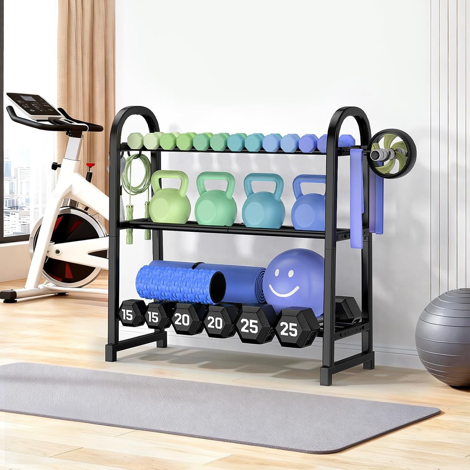 3 Tier Dumbbell Rack - Weight Rack for Home Gym: 360LB, Stand Only | Heavy Duty Adjustable Storage Rack with Hooks, Dumbbell Stand & Weight Holder, Organizer Shelf for Home Gym