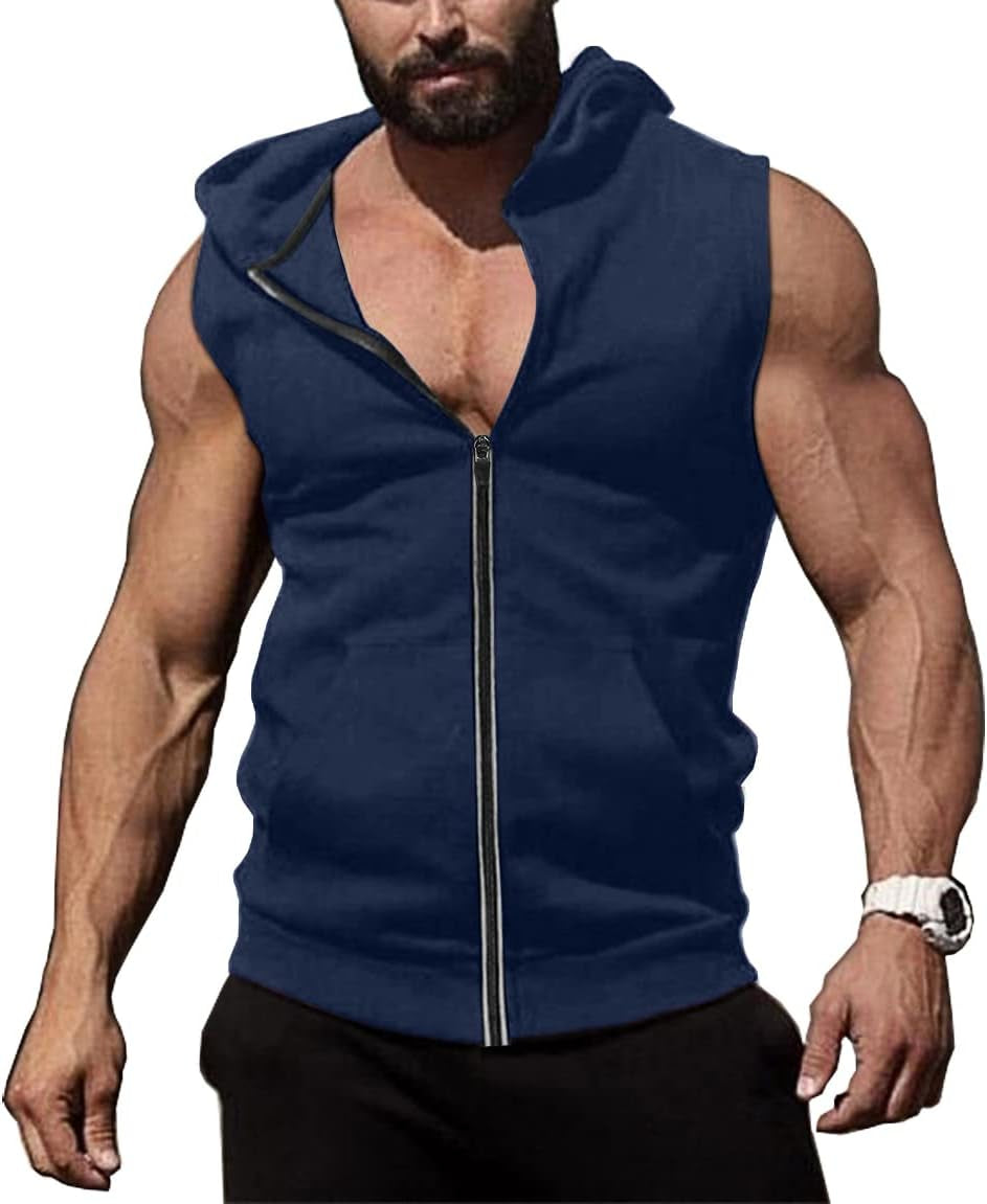 Men'S Workout Hooded Tank Tops Zip up Sleeveless Hoodie Bodybuilding Fitness Gym Muscle Cut off T Shirt