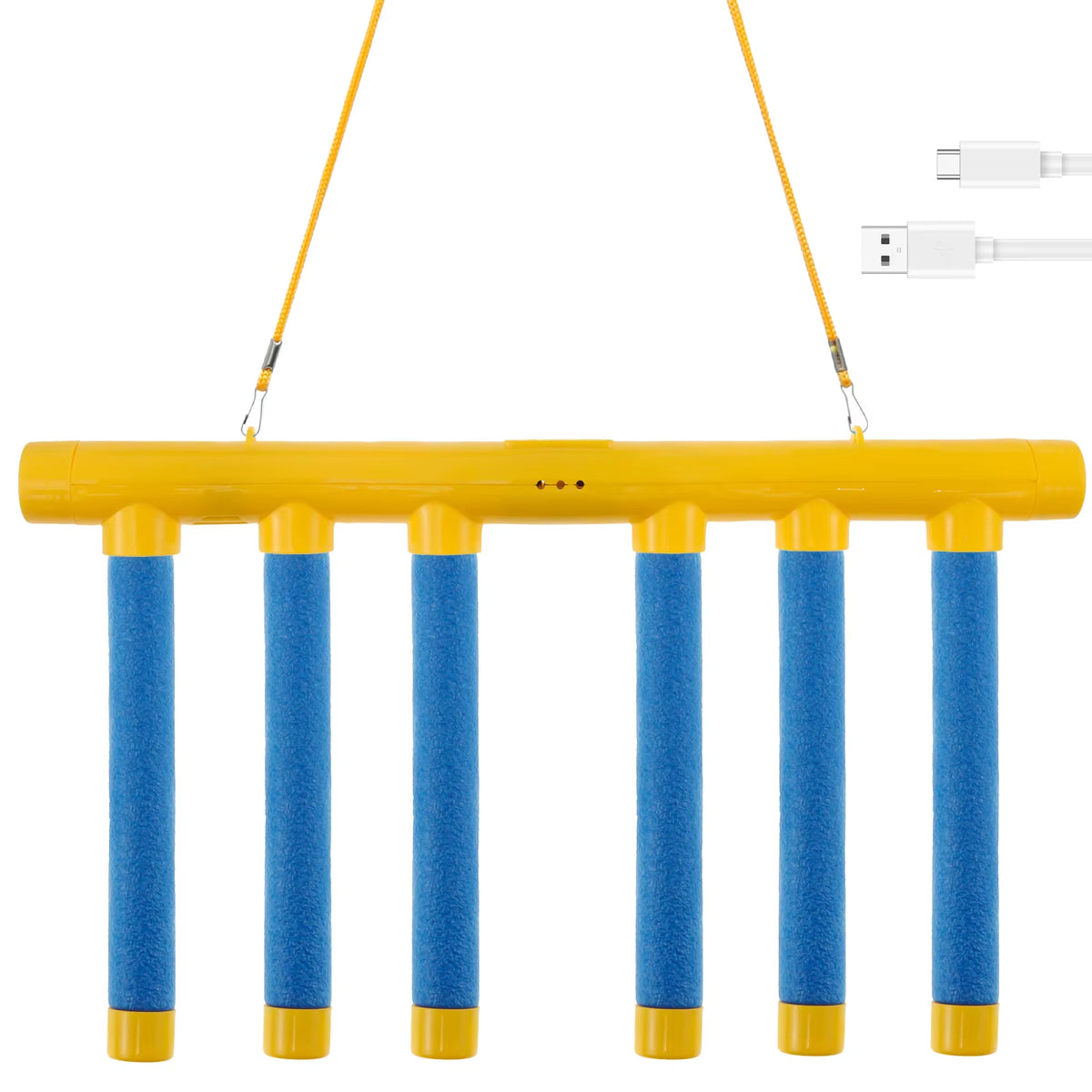Catching Sticks Game – Yellow Bar with 6 blue sticks, hanging cord and USB charging cable