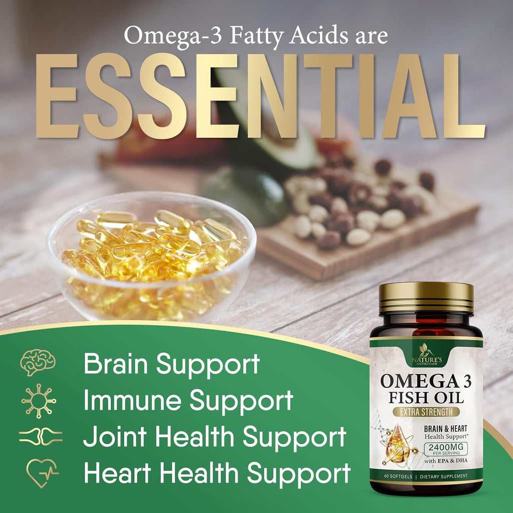 Omega 3 Fish Oil Supplements - 2400Mg Fish Oil per Serving - Triple Strength Omega-3 with EPA & DHA Fatty Acids - Natural Heart, Brain & Immune Support - Wild Caught, Bottled in USA - 60 Softgels