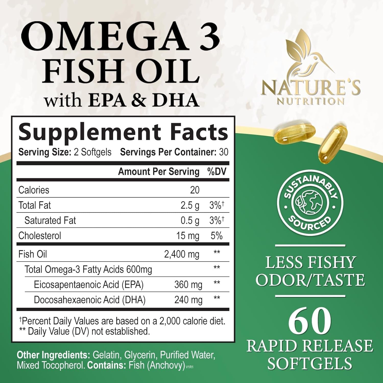 Omega 3 Fish Oil Supplements - 2400Mg Fish Oil per Serving - Triple Strength Omega-3 with EPA & DHA Fatty Acids - Natural Heart, Brain & Immune Support - Wild Caught, Bottled in USA - 60 Softgels