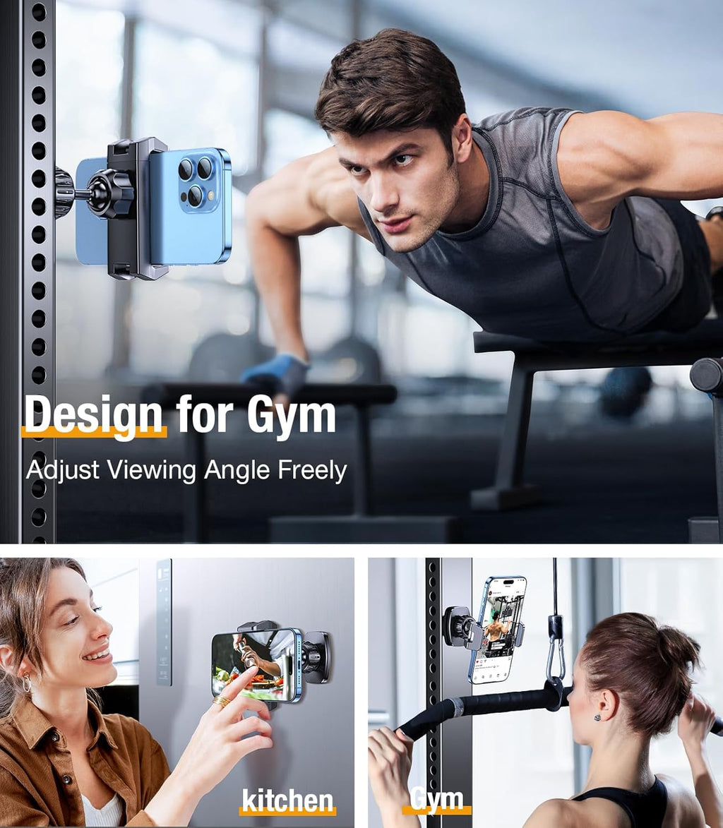 Magnetic Phone Holder for Gym【Strong Magnets】 Tripod Mount Ring Gym Magnetic Phone Holder Attach to Metal Surface, Gym Accessories for Mothers Gift Essentials for All Smartphones 4.7-7"