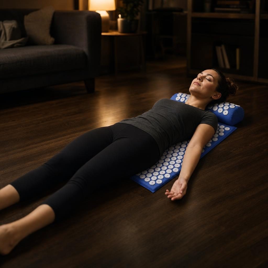 Acupressure Mat & Pillow Set – woman lying back on the blue mat with her neck on the pillow