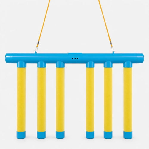 PrimeBuild Catching Sticks Game, Blue Bar style with 6 yellow sticks hanging from a yellow cord
