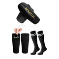 Kids' Soccer Shin Guards Set – two black honeycomb shin guards with gold SPORTS lettering, two pocket sleeves and two striped knee-high socks