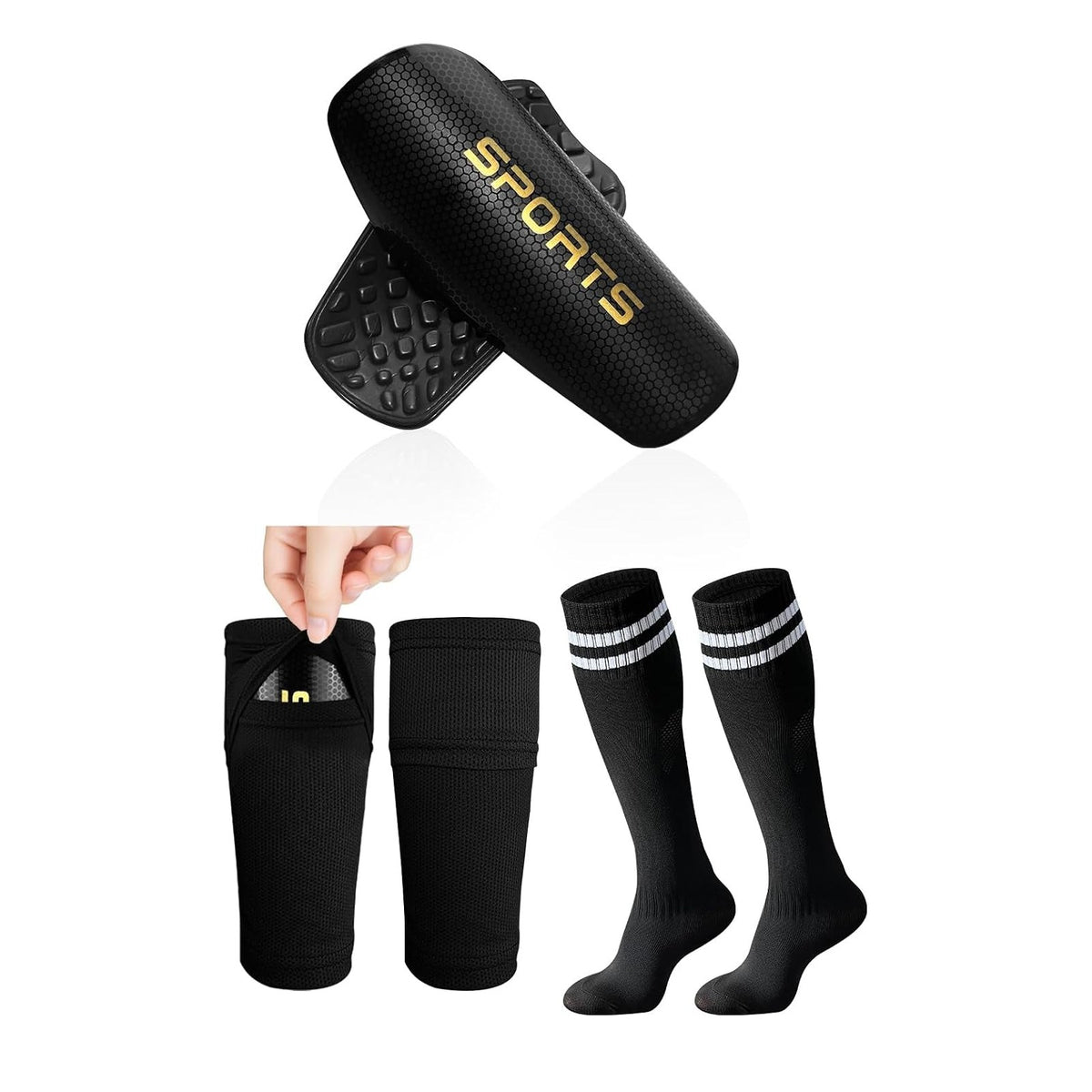 Kids' Soccer Shin Guards Set – two black honeycomb shin guards with gold SPORTS lettering, two pocket sleeves and two striped knee-high socks