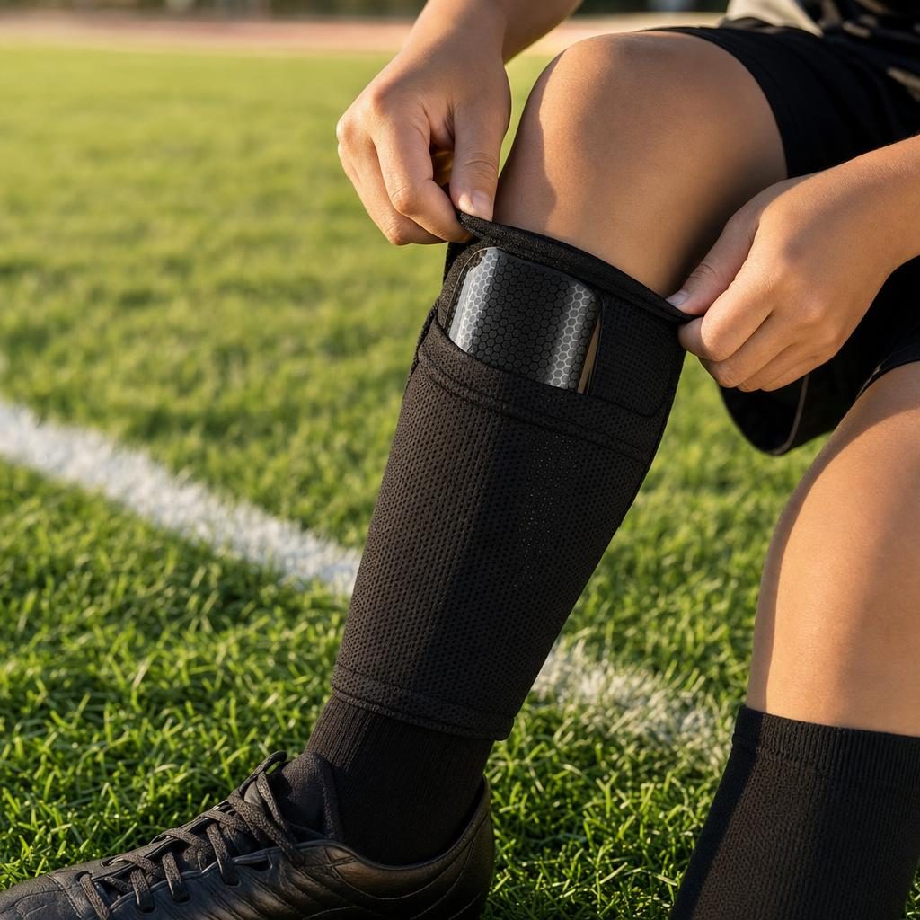 Kids' Soccer Shin Guards Set – sliding a shin guard into the sleeve pocket under the top flap