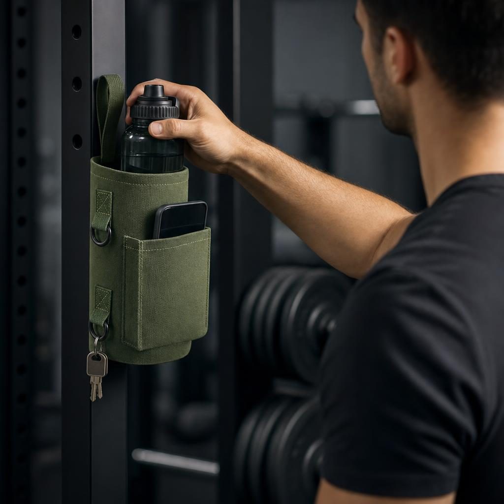 Magnetic Gym Bottle Holder – Army Green bag on a steel rack upright holding a bottle, phone and keys