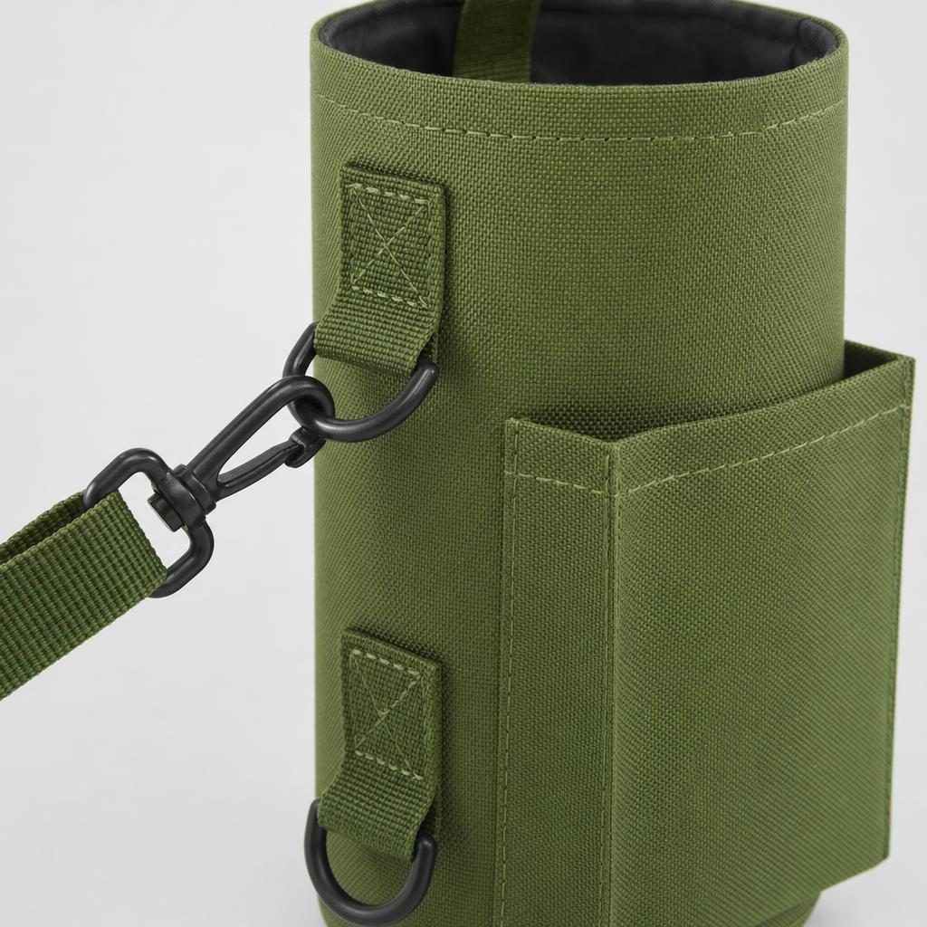 Magnetic Gym Bottle Holder – close-up of the strap hook on a side D-ring and the front pocket