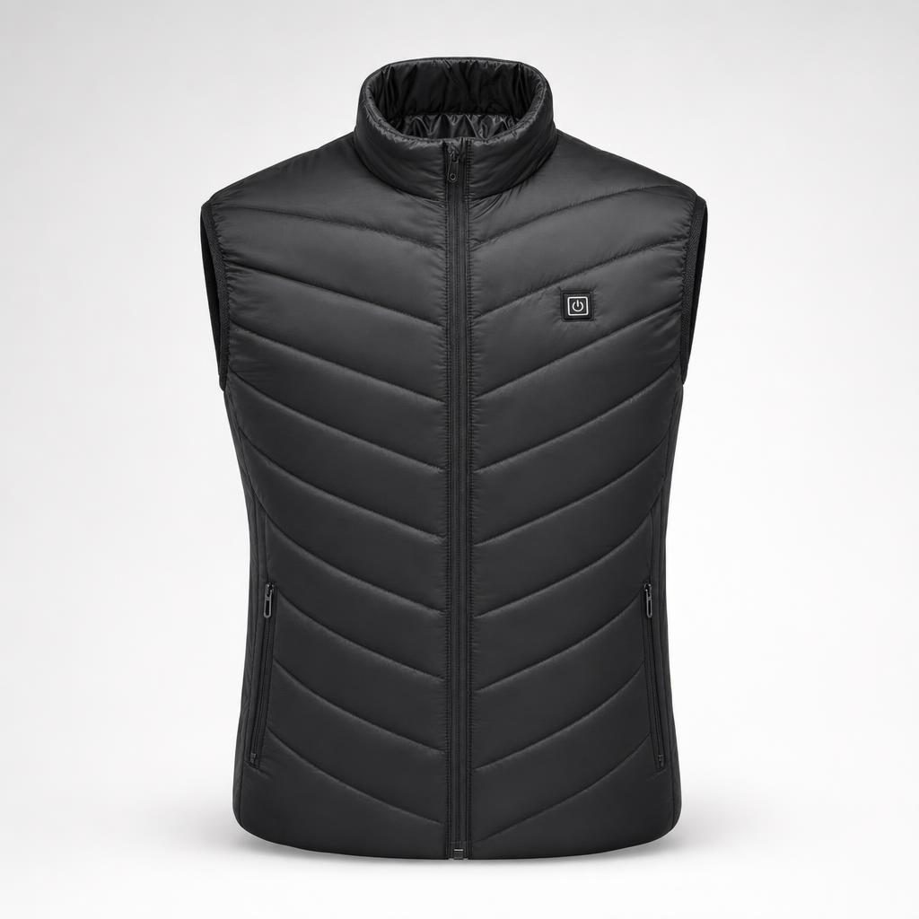 USB Heated Vest – black quilted vest, front view with stand-up collar and chest power button