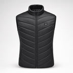 USB Heated Vest – black quilted vest, front view with stand-up collar and chest power button