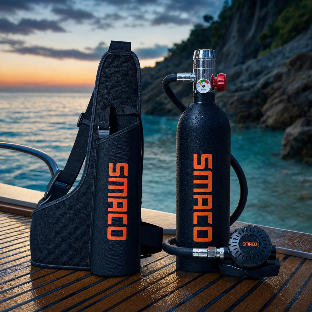 SMACO S400 mini scuba tank, regulator and sling dive bag on a boat deck at dusk