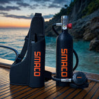 SMACO S400 mini scuba tank, regulator and sling dive bag on a boat deck at dusk