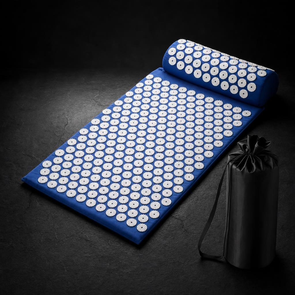Blue acupressure mat, pillow and black storage bag on a dark surface