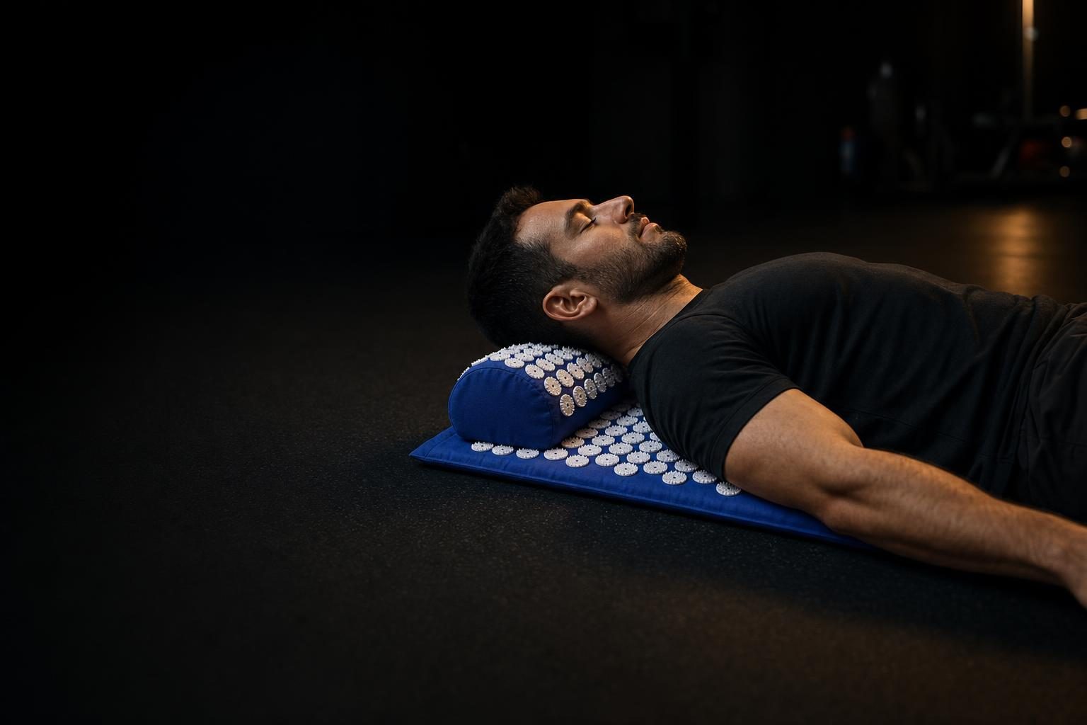 Athlete lying back on the blue PrimeBuild acupressure mat with his neck on the pillow