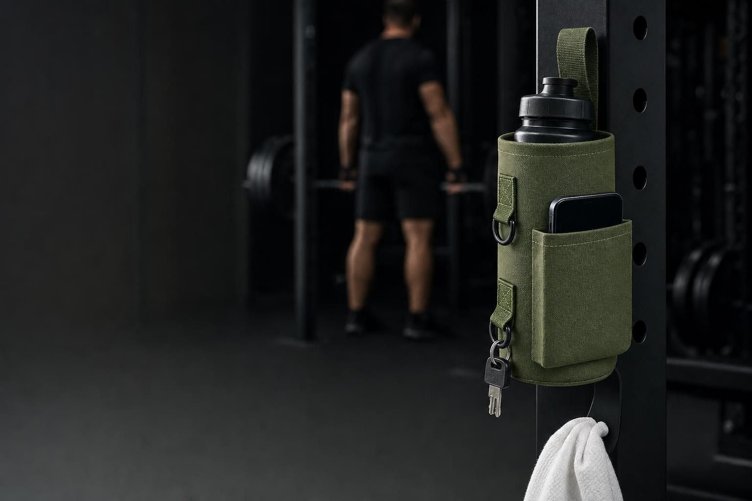 Army green magnetic bottle holder stuck to a black gym rack with a bottle, phone, keys and towel