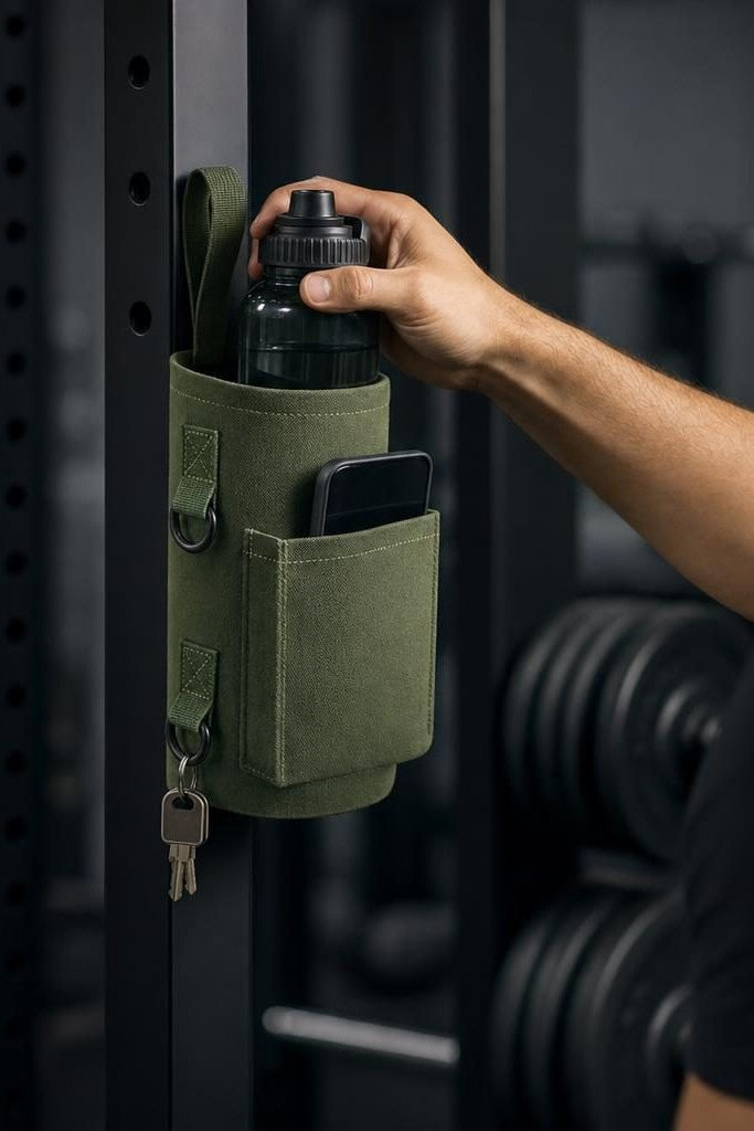 Hand grabbing a bottle from the army green magnetic bottle holder stuck to a gym rack upright