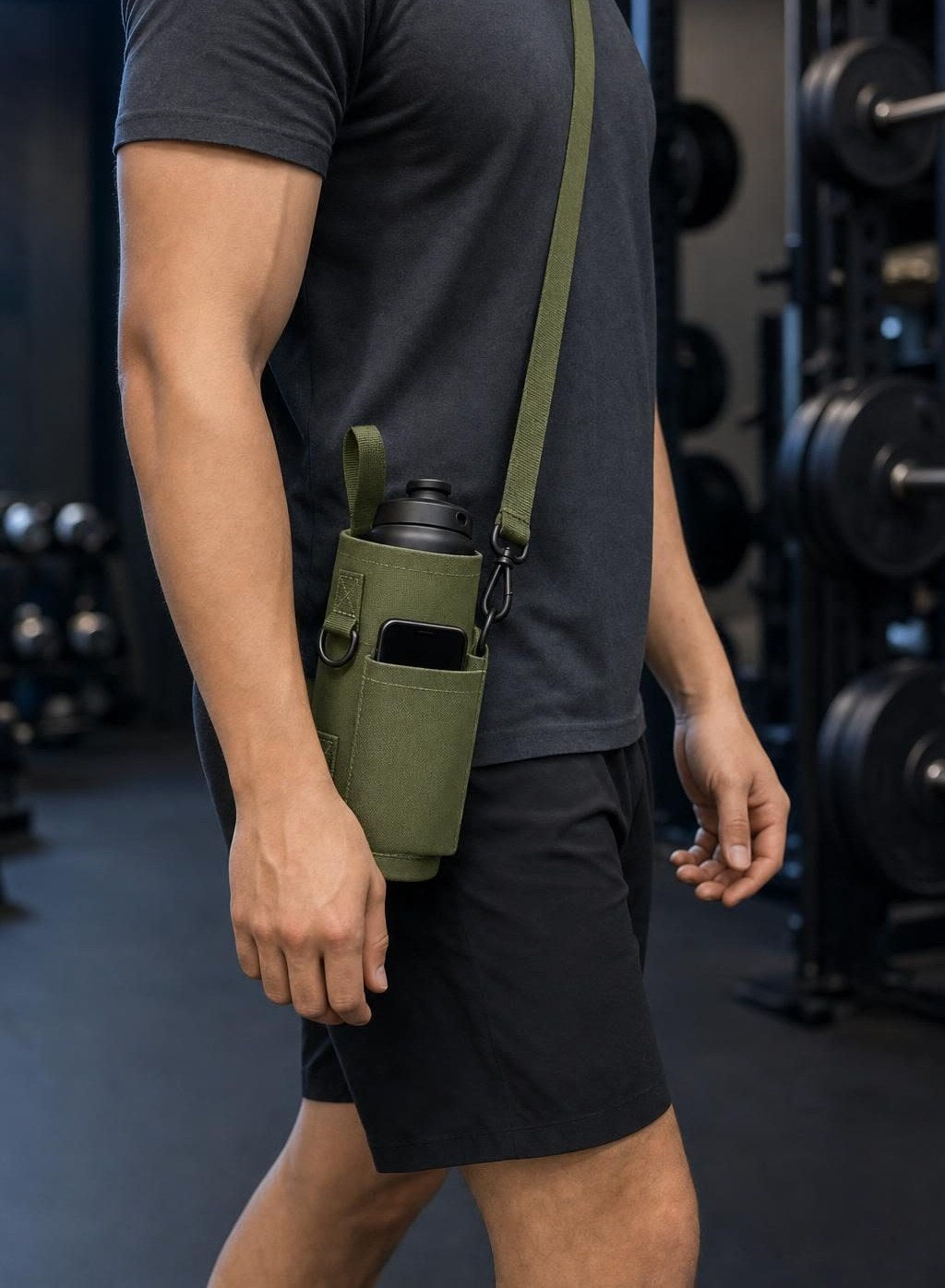 Person carrying the army green bottle holder as a sling in the gym