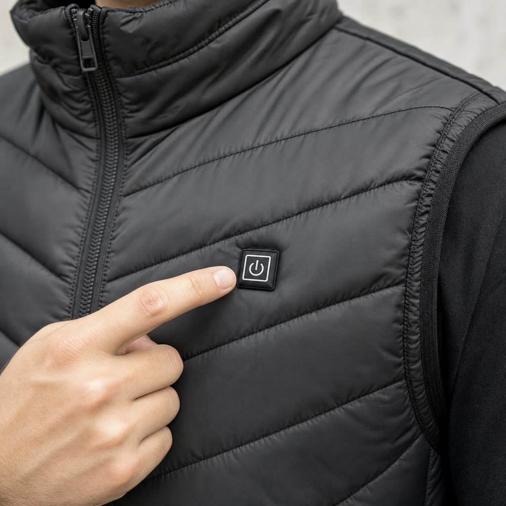 Close-up of the square power button on the chest of the black quilted vest, with the zipper and stand-up collar