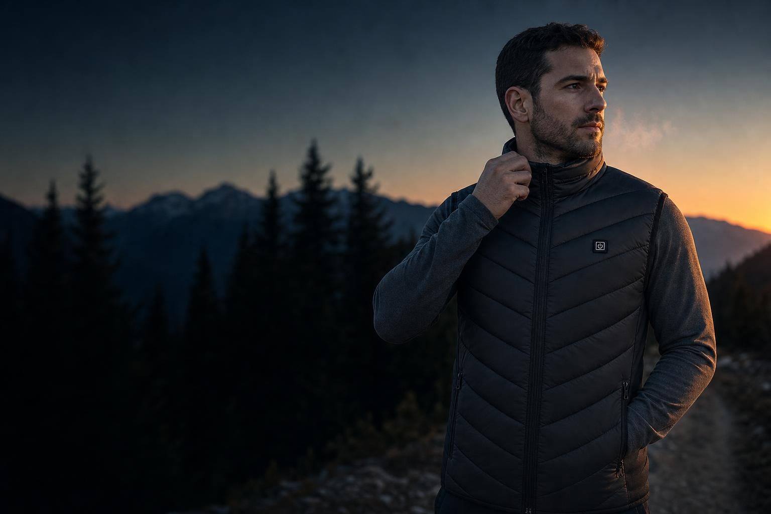 Man adjusting the collar of the black USB heated vest on a mountain trail at dawn
