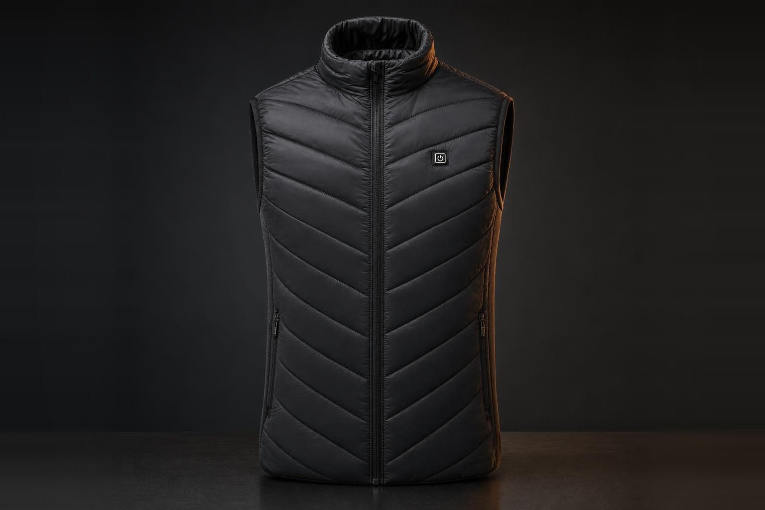 Black USB heated vest on a dark studio background