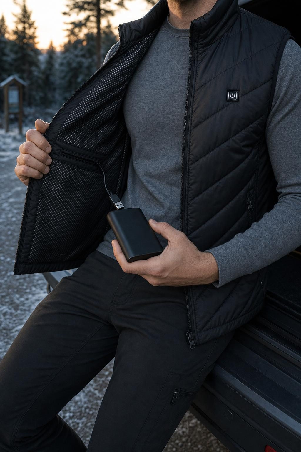 Hands plugging the vest's inner USB cable into a plain black power bank