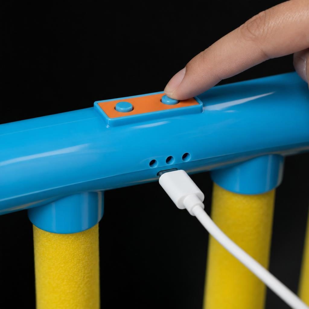 Close-up of the control buttons and USB charging cable on the blue bar
