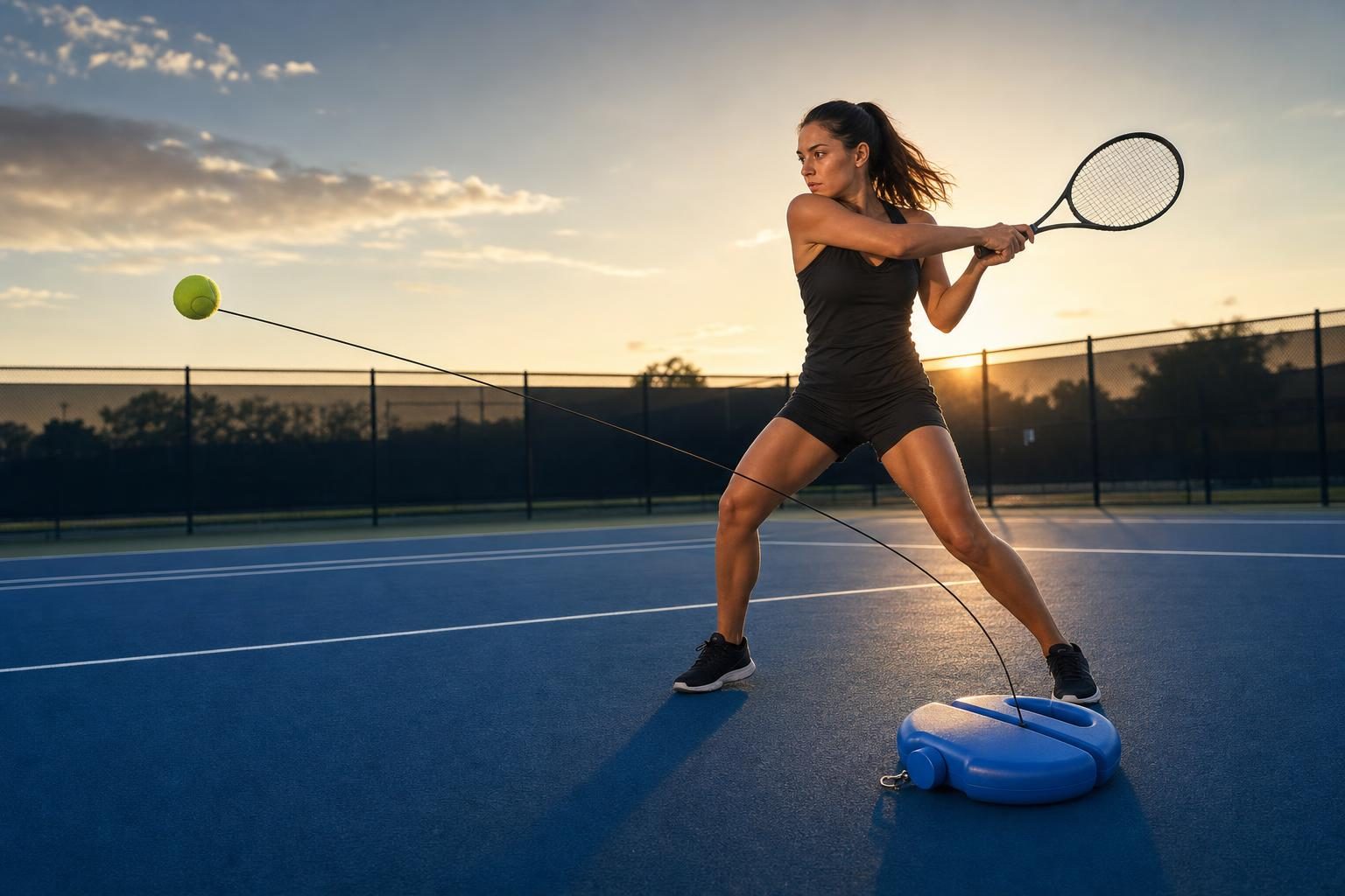 Tennis player practicing alone with the tennis rebound trainer on a court at sunset
