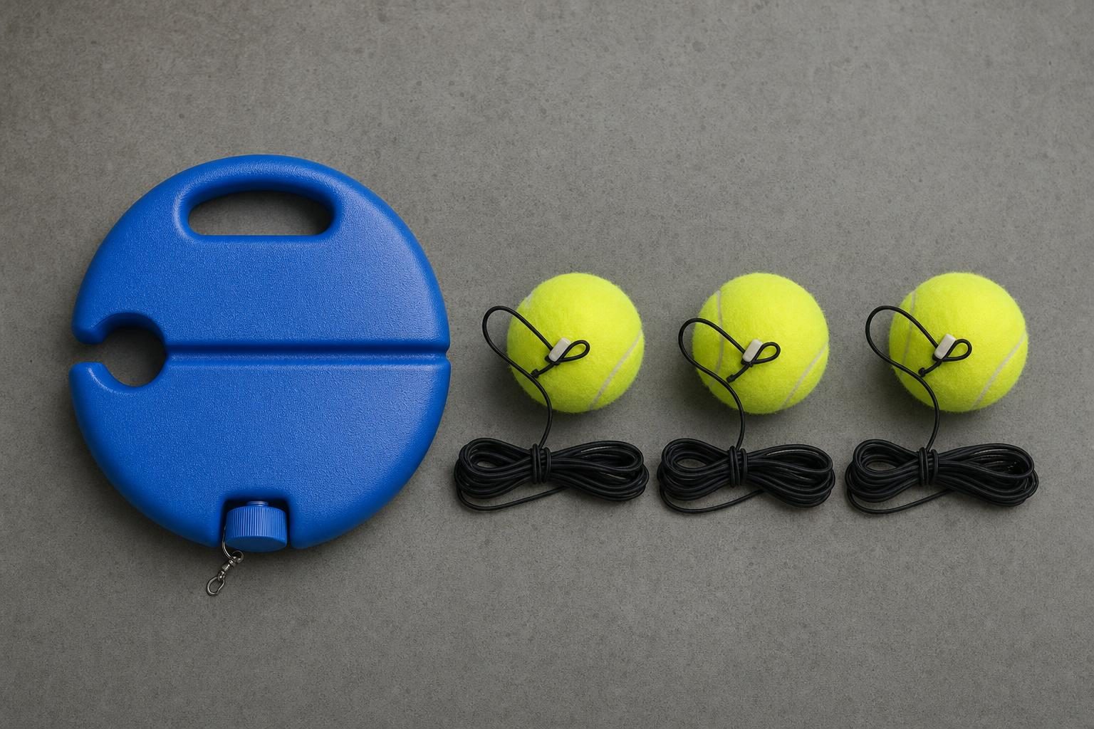 Blue tennis trainer base with three tennis balls on coiled elastic cords, top view