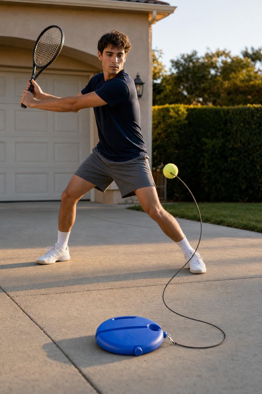 Player practicing alone on a driveway with the tennis rebound trainer